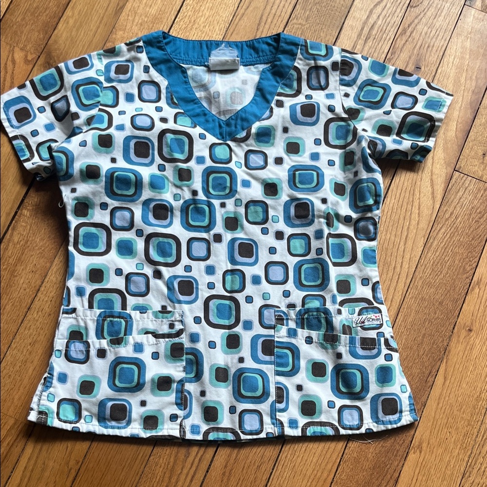 UA Scrubs Short Sleeve Top with Blue and Green Squares
